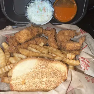 fried chicken, french fries, coleslaw, and coleslaw
