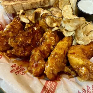 5-piece tenders sauced w/Sweet Heat, fresh cut chips, blue cheese for dipping &amp; Texas toast
