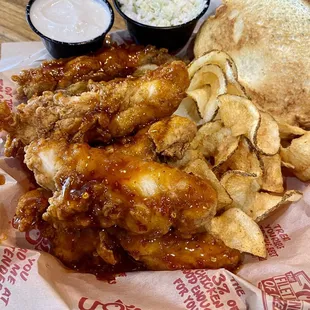 5-piece Tenders sauced w/ Sweet Heat, fresh-cut chips, coleslaw, Texas toast &amp; side blue cheese