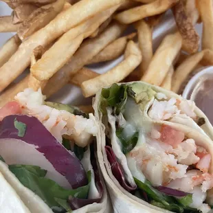 a shrimp wrap and french fries