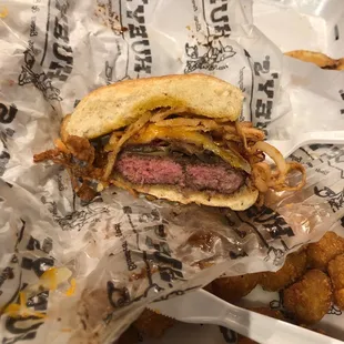 Ordered a well done Old Time A1 burger. Not so well done Hueys. Since it was takeout not much I could do about the raw part.