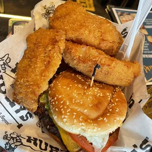 World famous Huey burger with vegan patty and onion rings