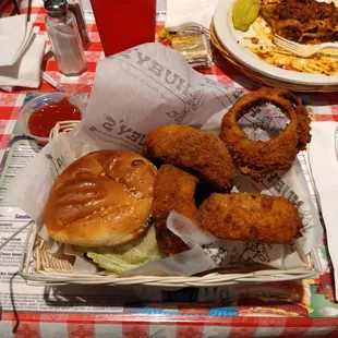 Huey Burger w/onion rings.