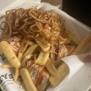My dads club, fries and onion straws to go.