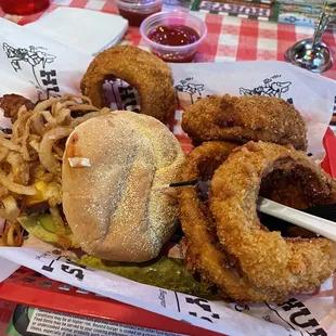 Burger and onion rings