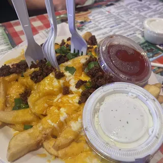 CHEESE FRIES  OR TOTS WITH BACON & SCALLIONS