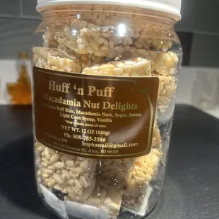 Yummy rice puffs. One of my favorites is the mac nuts.