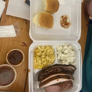 Brisket, mac and cheese, ribs, sausage, turkey
