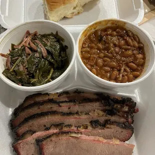 Brisket plate with greens and baked beans