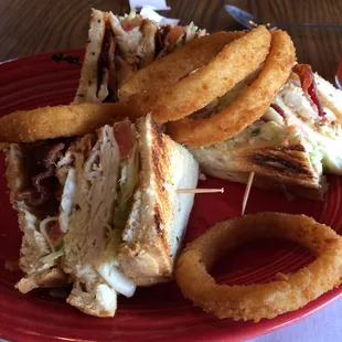 Turkey club and onion rings
