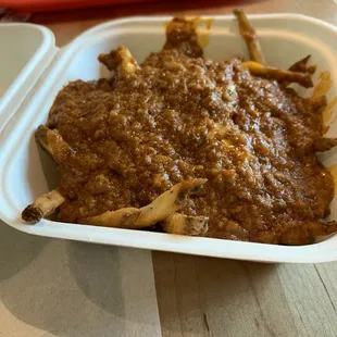 Chili cheese fries, missing the cheese.