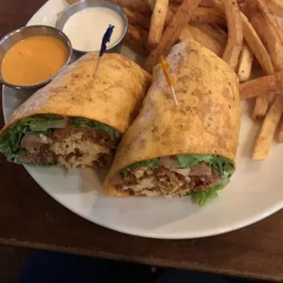 Crispy chicken wrap add Buffalo sauce no blue cheese side of fries. Side of buffalo sauce and ranch.