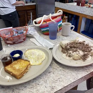 French toast &amp; eggs. Biscuit and gravy.