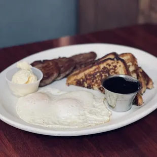 Jumbo French toast with eggs and sausage