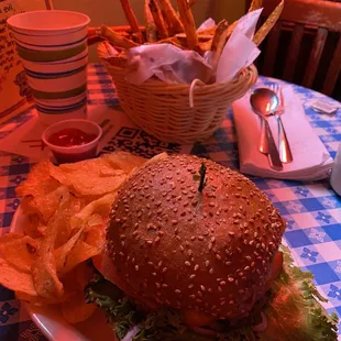 Burger, chips, basket of fries