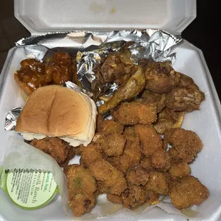 Honey hot and seasoned wings with fried okra