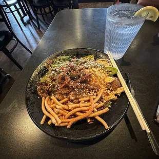 Beef peppers onions jalapeños honey sriracha garlic chili sauce among other things