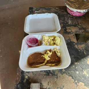 Mesquite Pancake Breakfast. Pancakes, sahuaro fruit syrup, scrambled eggs.