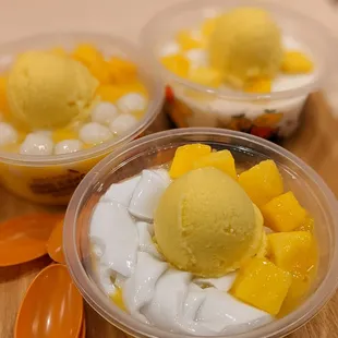 three bowls of mango ice cream