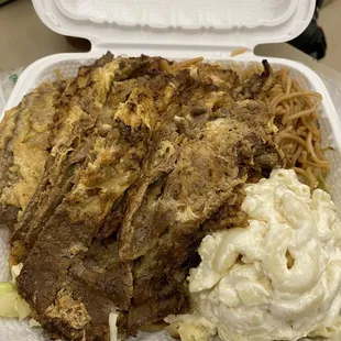 Meat Jun with Chow Mein and Mac Salad