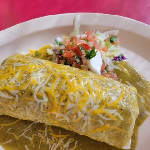 Wet Shredded Beef Burrito ($9.99 +$1.50), choice of green or red sauce.