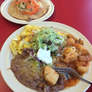 Chilaquiles, Eggs & Bean Breakfast Plate