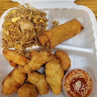 Sweet and Sour Chicken with sauce on the side, Egg Roll and Chicken Fried Rice