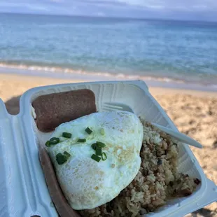 Spam, over easy eggs and fried rice