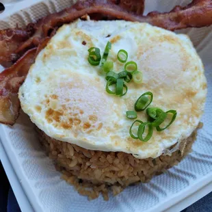 Fried rice breakfast special with bacon. Delicious
