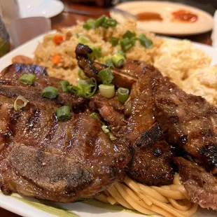 Short ribs with fried rice and an extra scoop of mac