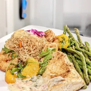 Grilled Mahi Mahi with Hawaiian Fried Rice and Asparagus