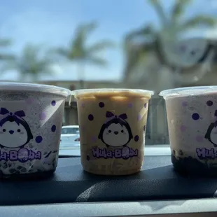 Ube moster x 2  one with boba and one with coffee jelly and regular milk tea with lychee jelly