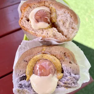 Delicious fluffy buns (bacon/taro &amp; white)