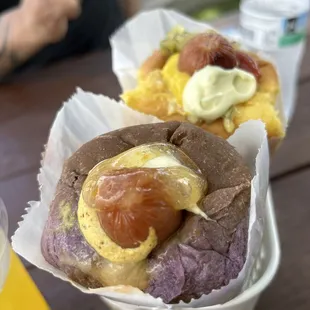 Taro polish with habenero garlic sauce papaya relish and lilikoi mustard