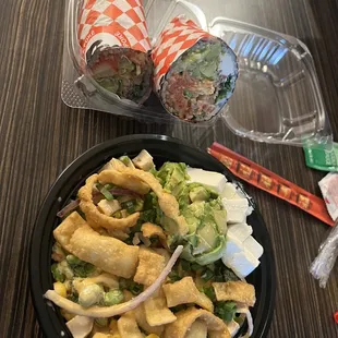 Spicy tuna/crab burrito &amp; chicken poke bowl