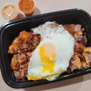 a fried egg and hash browns