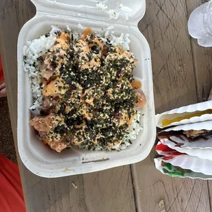 a meal in a styrofoam container