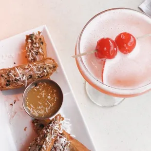 Pink bikini martini and Crispy Coconut Shrimp Rolls!