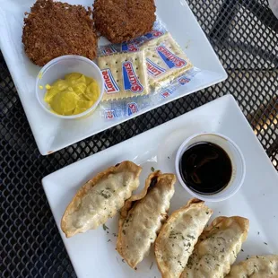 Chicken dumplings and fried coddies (very Baltimore/Baltimore County thing) with crackers and mustard) at top