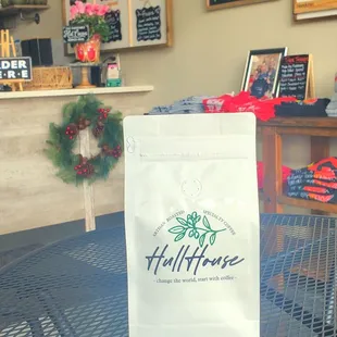 a bag of coffee on a table