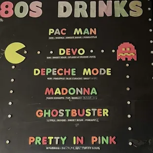 a menu for 80s&apos;s drinks