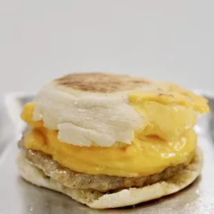 The ECS - Egg, cheddar cheese, and sausage breakfast sandwich
