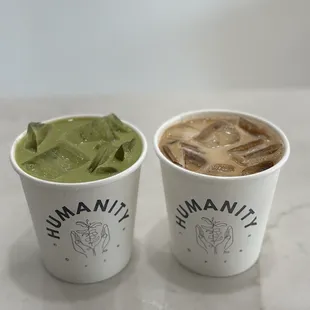 Organic ceremonial grade Matcha Latte and the Basic Beach (vanilla latte made with house-made simple syrup)