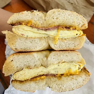 Everything bagel with egg, cheddar cheese, and turkey bacon