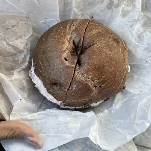 Chocolate bagel w/strawberry cream cheese
