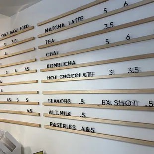 a wall with a variety of coffees