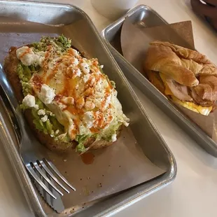 1 slice of Avocado Toast  with added Fried Egg BYO Sandwich, Turkey, egg and cheese croissant. white chocolate mocha with almond milk