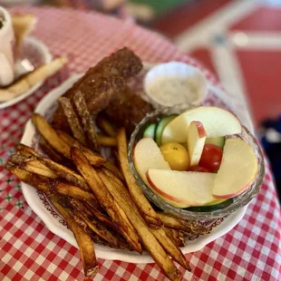 Fried Fish with fries and fruit/veggie sides - great light batter and moist flaky fish