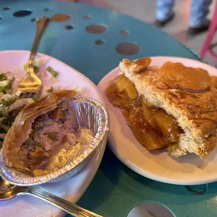 Chicken pot pie, tomato soup, salad, and spicy peach pie