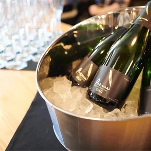 two bottles of wine in a bucket of ice